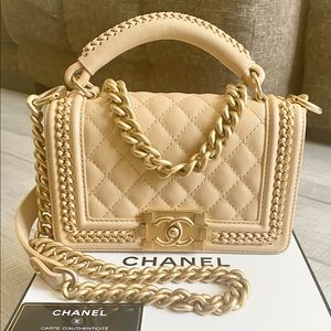Chanel boy small top handle beige calfskin chained flap bag